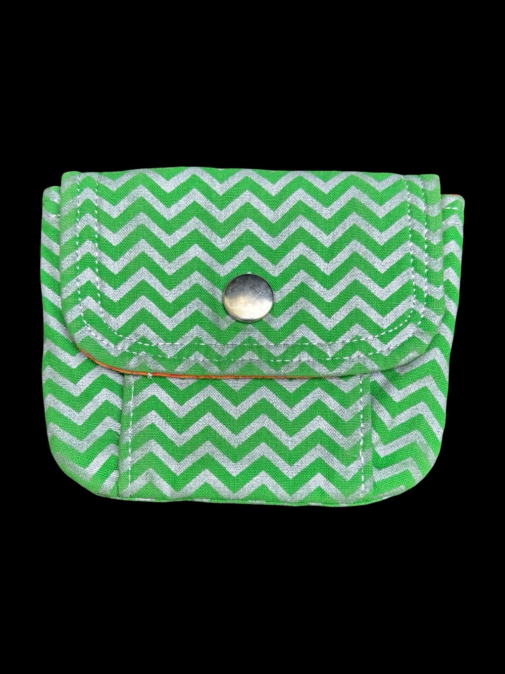Green Chevron Mini Fabric Wallet Snap Pouch Coin Case Bright Orange Lining